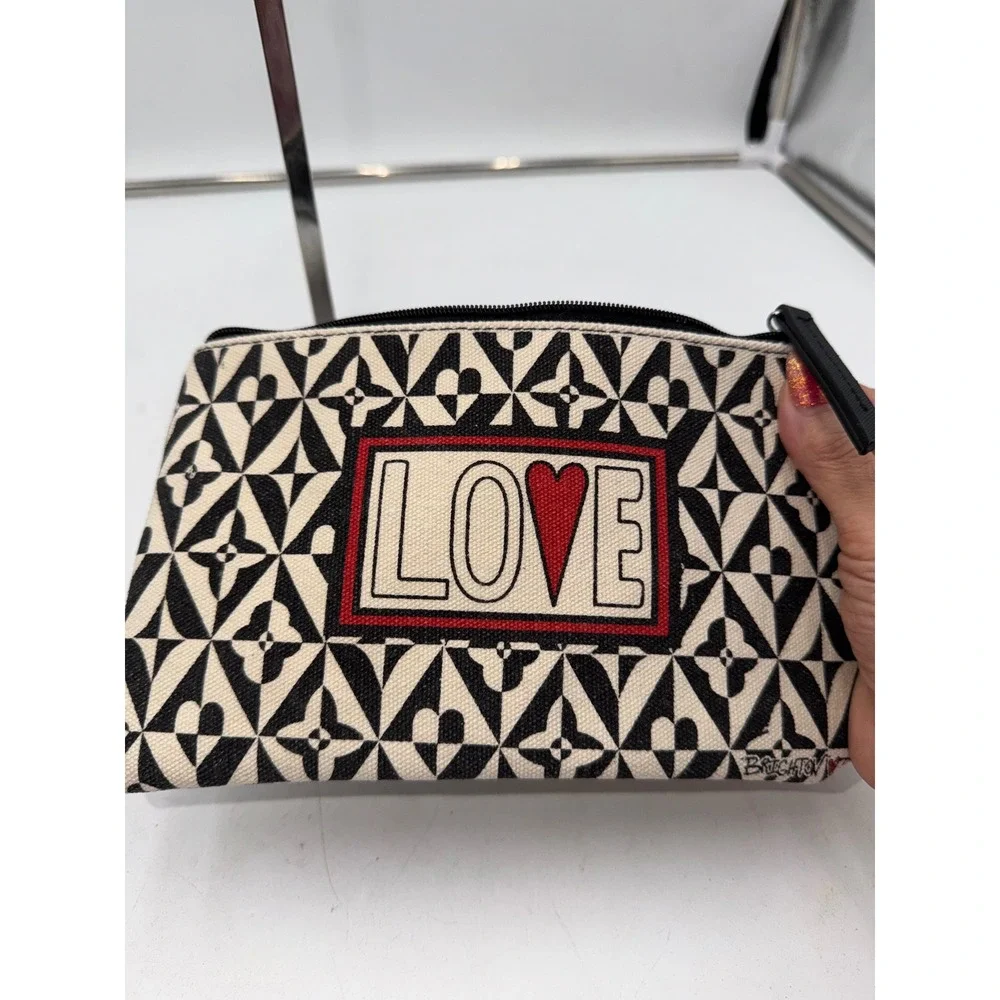 Brighton LOVE Heart Geometric Canvas Zipper Pouch Cosmetic Bag Black Cream Red